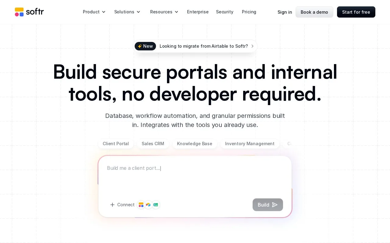 Screenshot of the Softr homepage