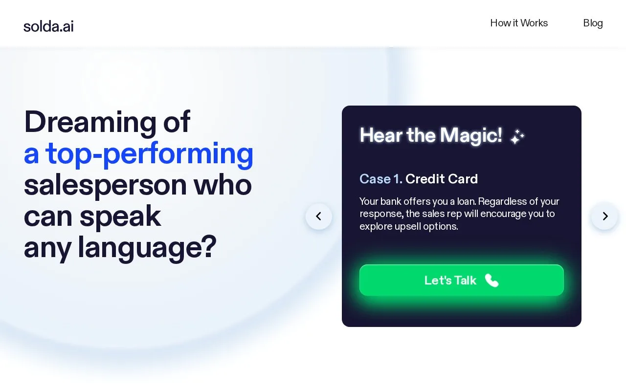 Screenshot of the Solda AI homepage
