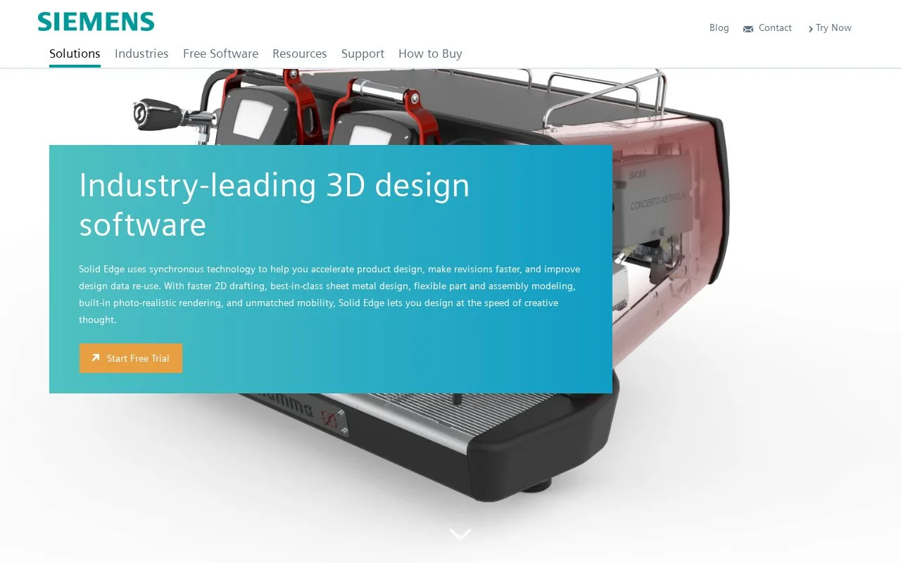 Screenshot of the Solid Edge homepage