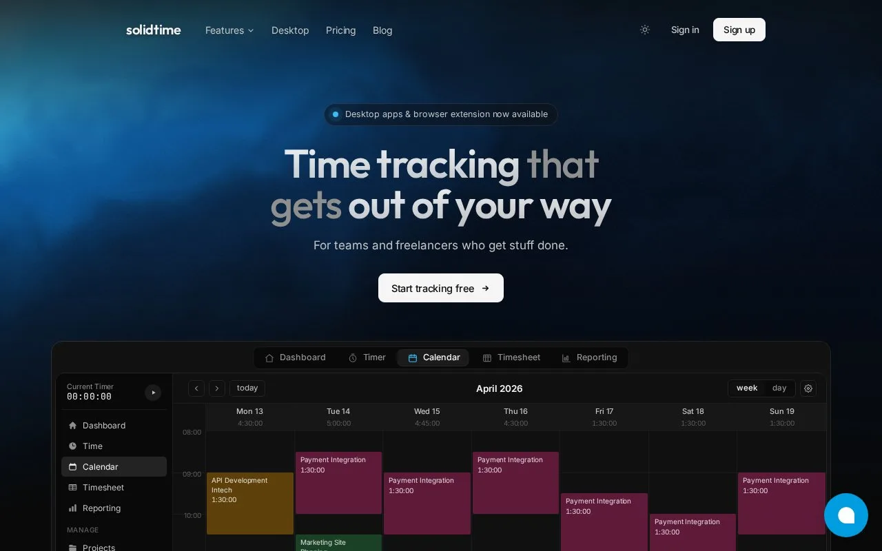 Screenshot of the Solidtime homepage