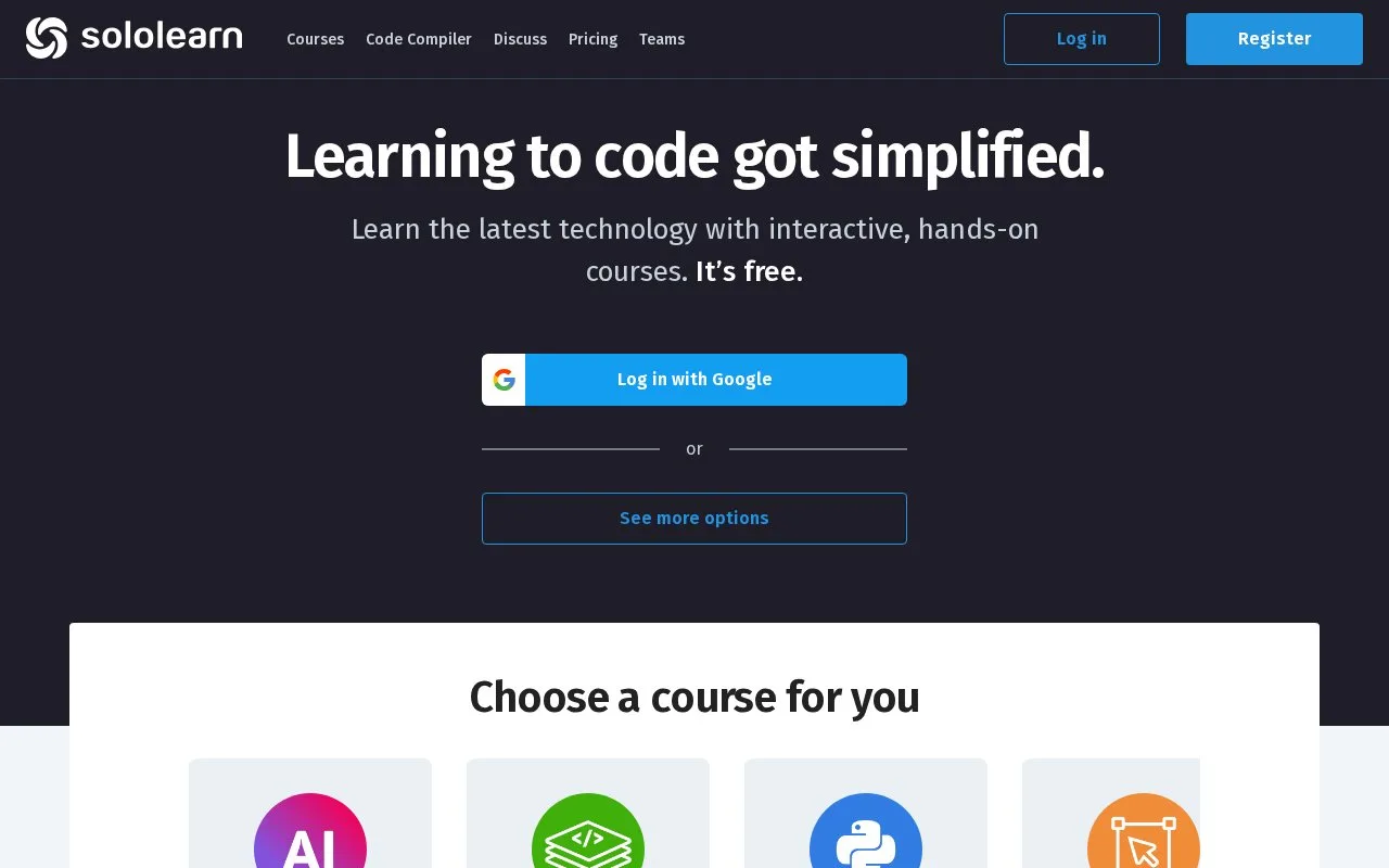 Screenshot of the Sololearn homepage
