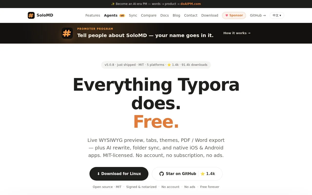 Screenshot of the SoloMD homepage
