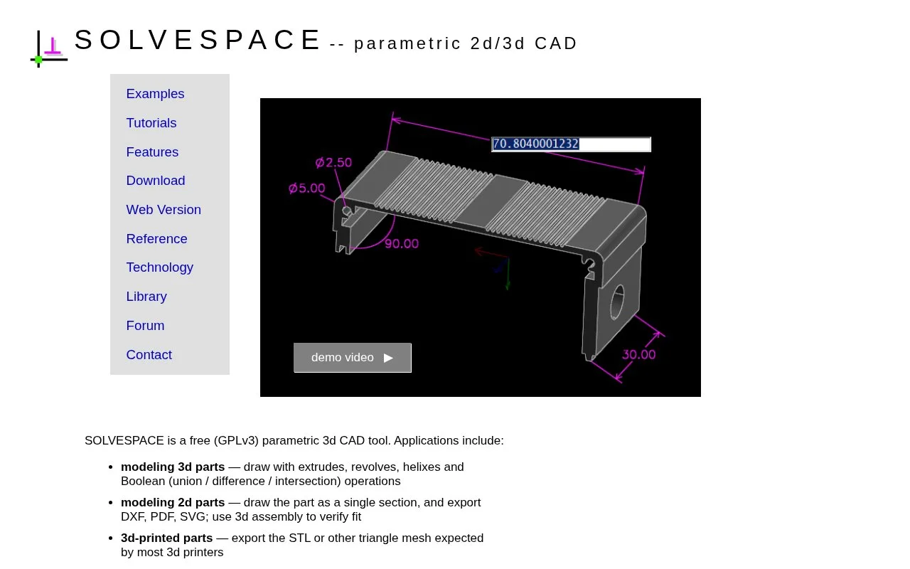 Screenshot of the SolveSpace homepage