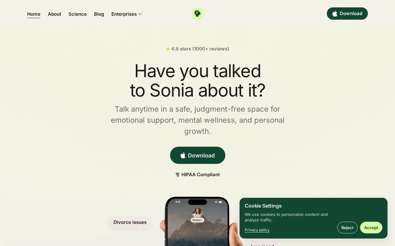 Screenshot of the Sonia homepage