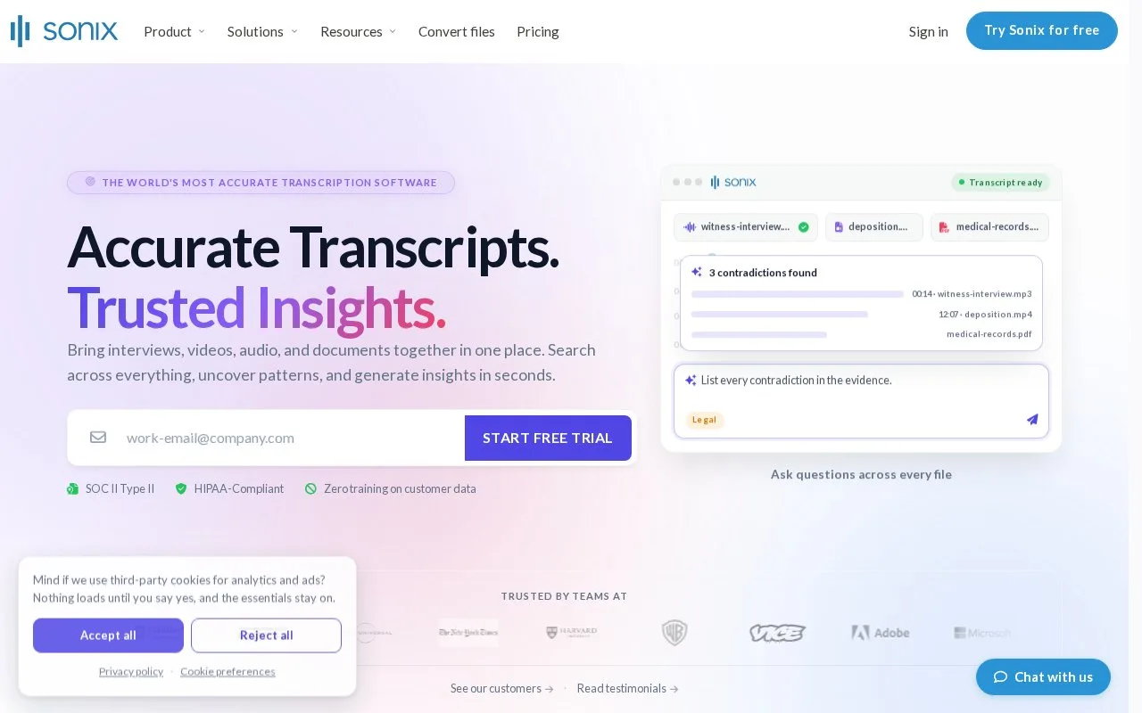 Screenshot of the Sonix homepage