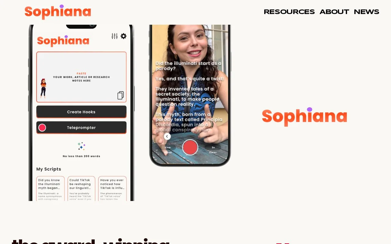 Screenshot of the Sophiana homepage