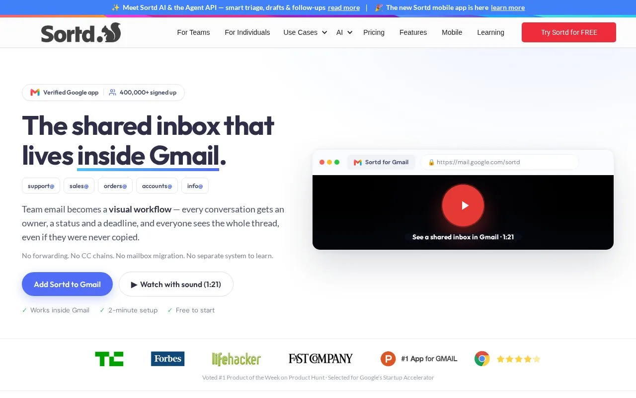 Screenshot of the Sortd for Gmail homepage