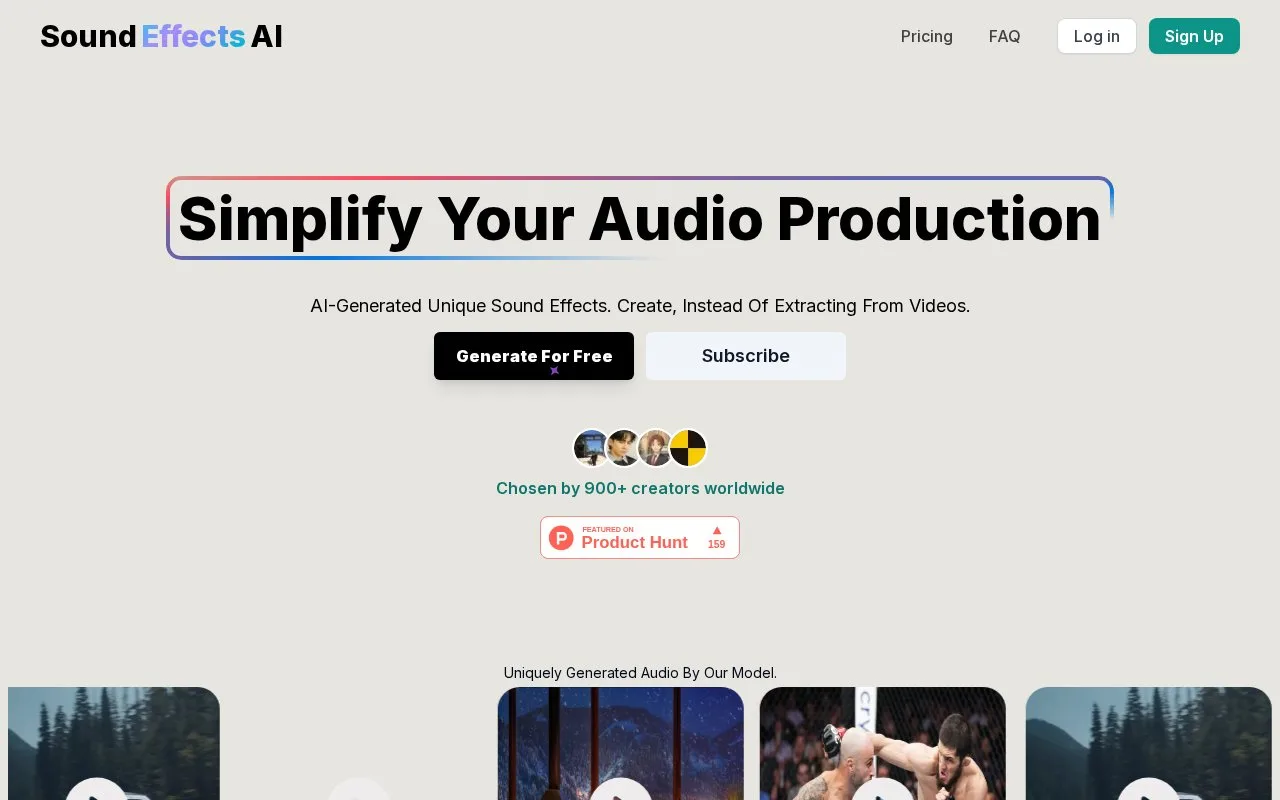 Screenshot of the Sound Effects AI homepage