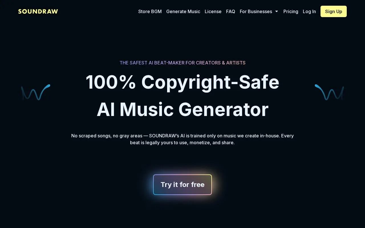Screenshot of the SOUNDRAW homepage