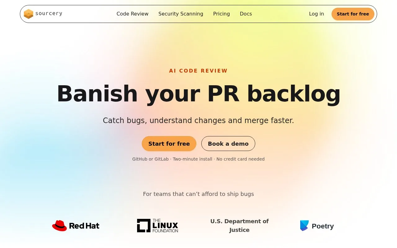 Screenshot of the Sourcery homepage