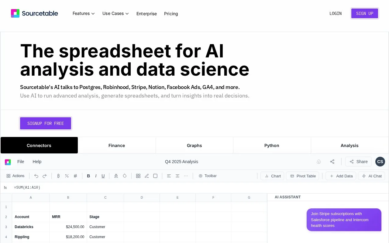 Screenshot of the Sourcetable homepage
