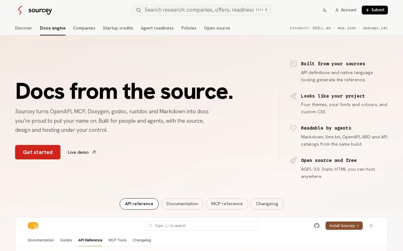 Screenshot of the Sourcey Docs Engine homepage