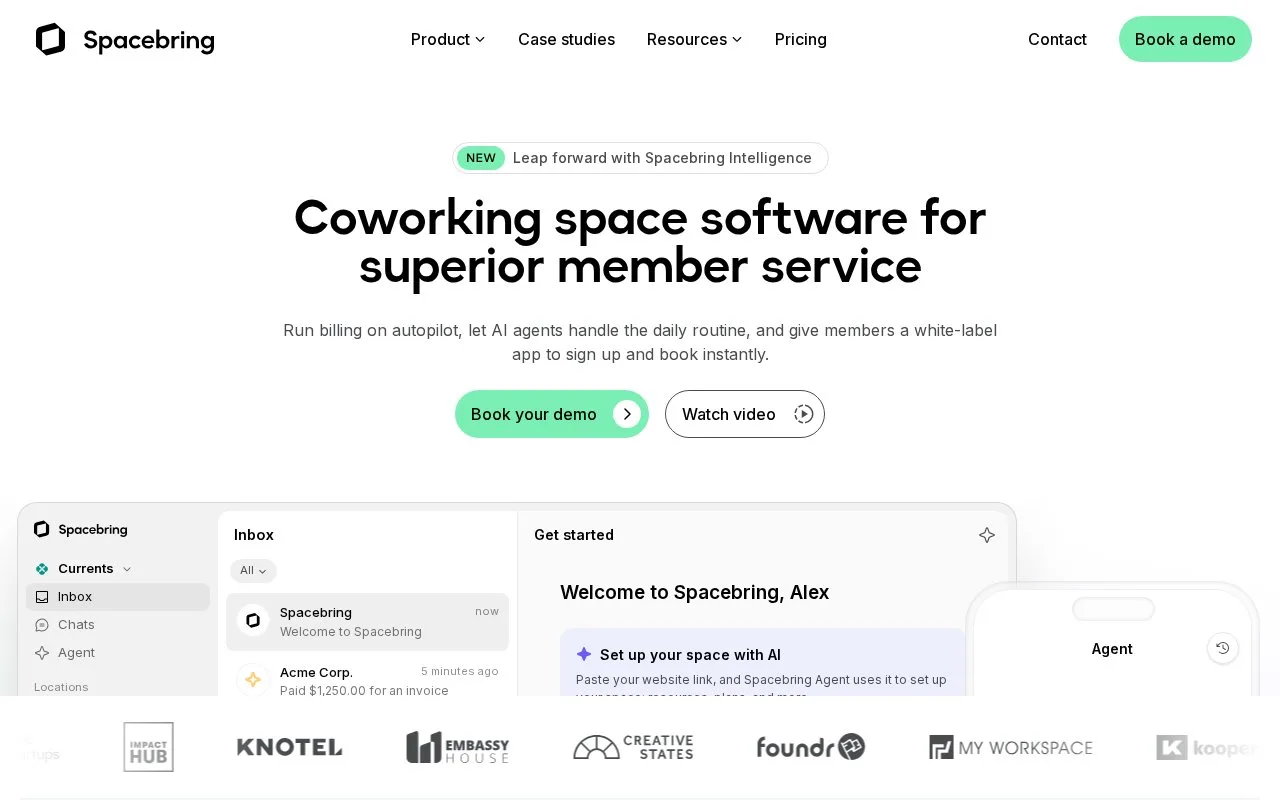 Screenshot of the Spacebring homepage