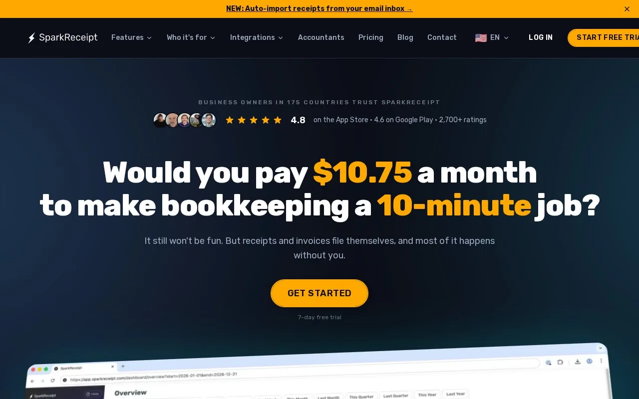 Screenshot of the SparkReceipt homepage