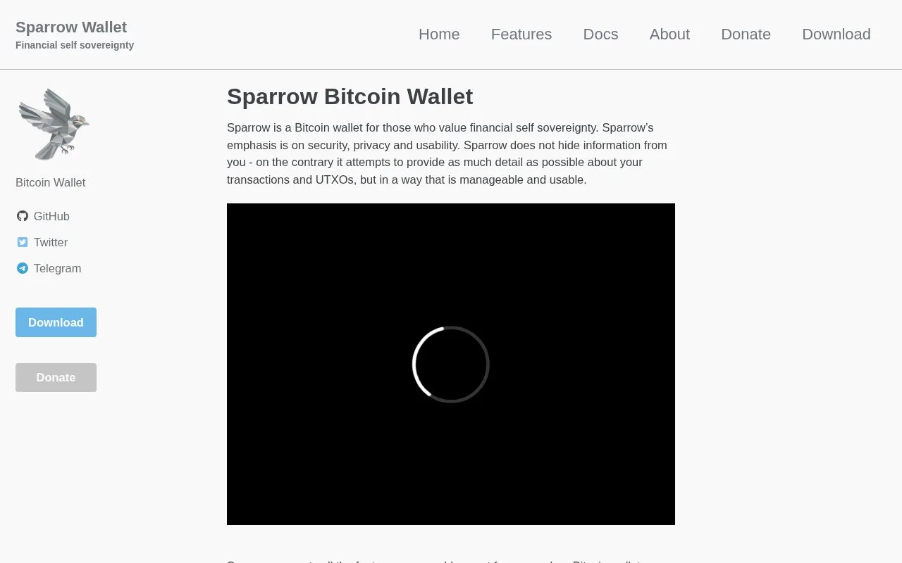 Screenshot of the Sparrow Wallet homepage