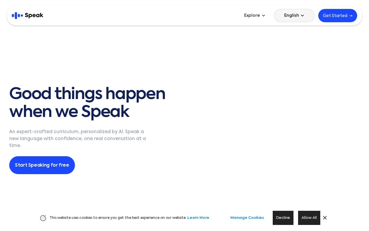 Screenshot of the Speak homepage