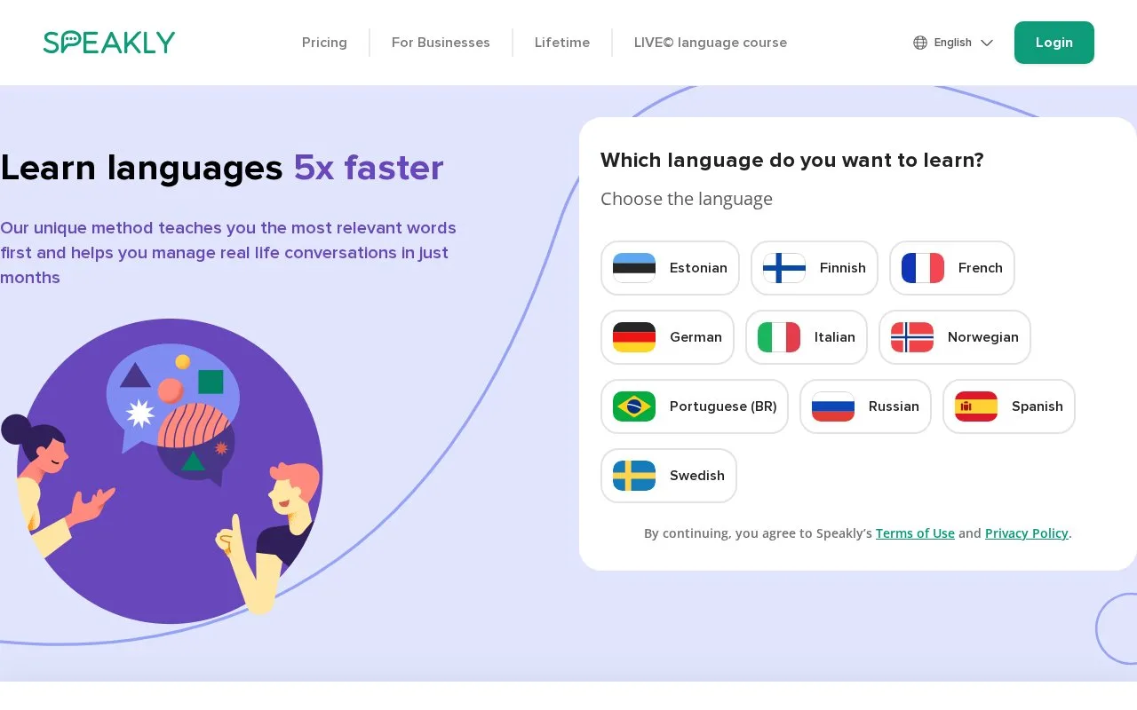 Screenshot of the Speakly homepage