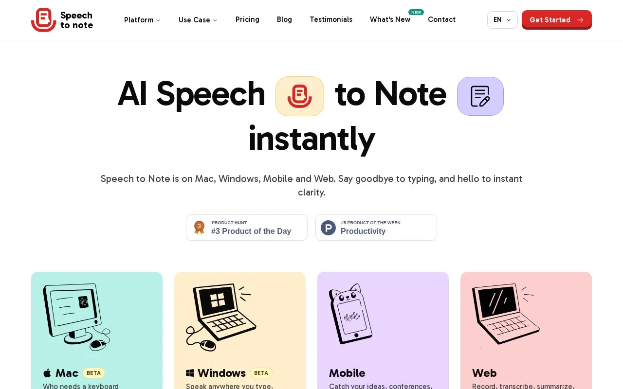 Screenshot of the Speech to Note homepage