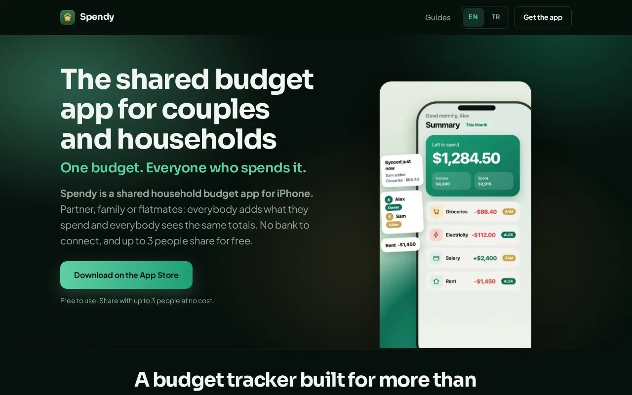 Screenshot of the Spendy homepage