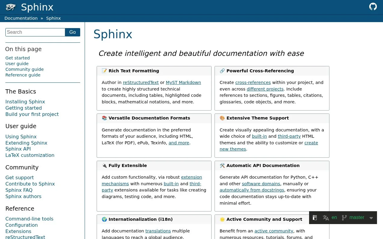 Screenshot of the Sphinx homepage
