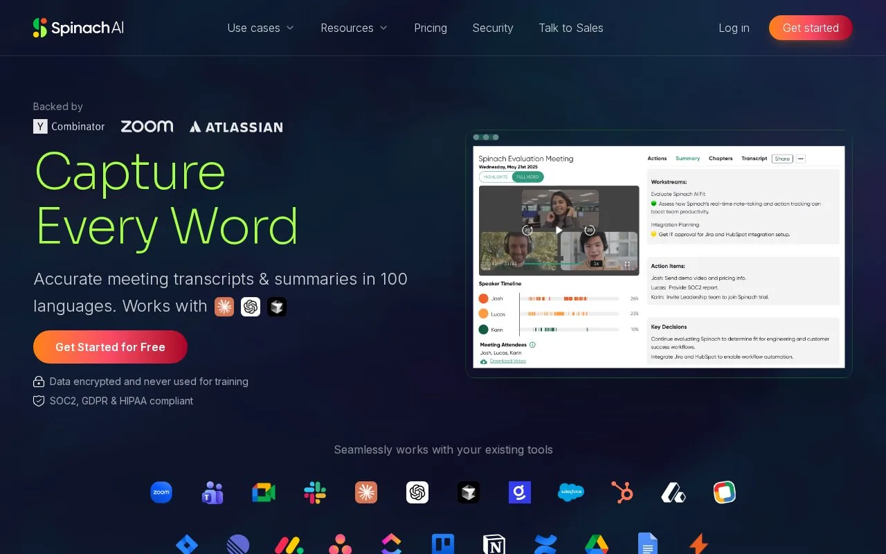 Screenshot of the Spinach AI homepage