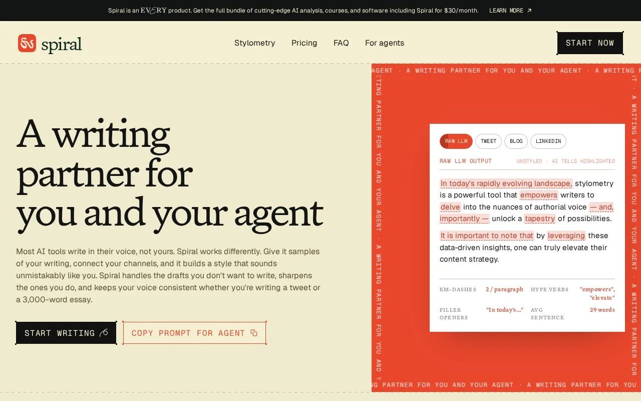 Screenshot of the Spiral homepage