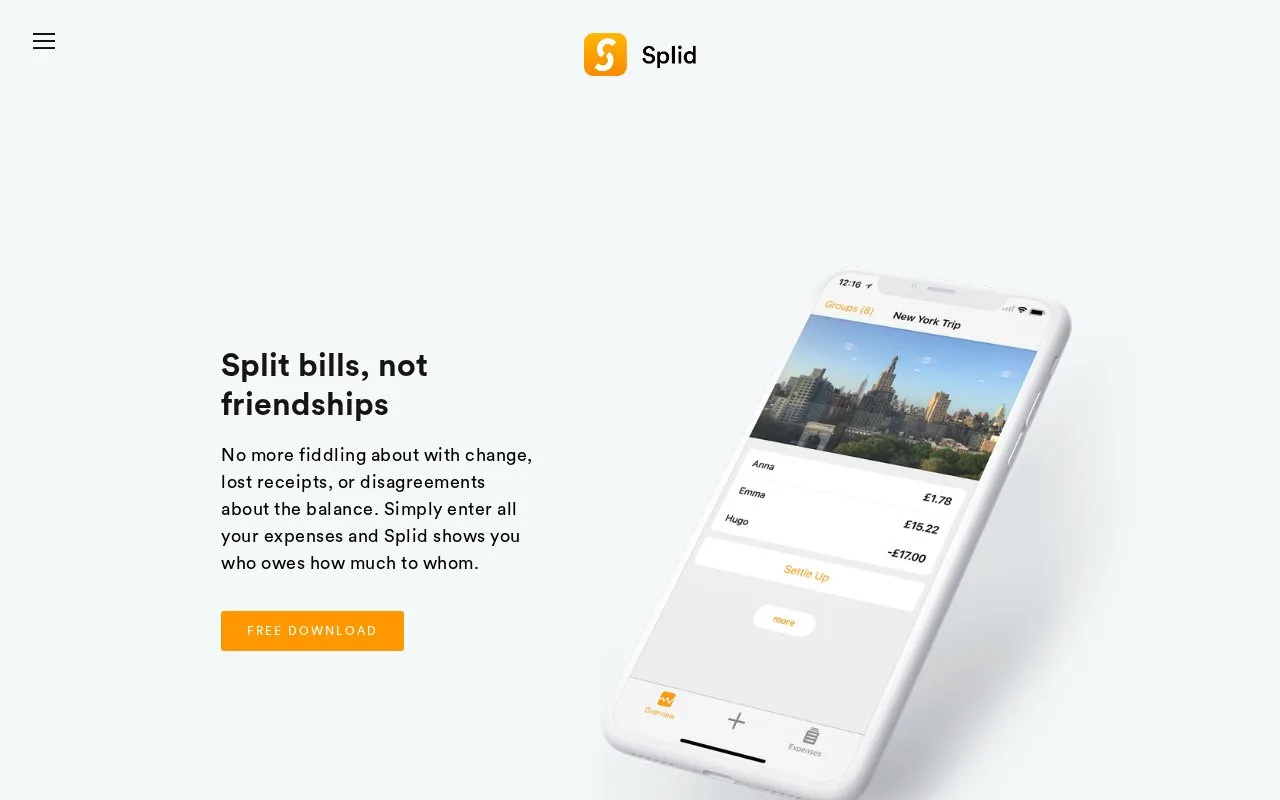 Screenshot of the Splid homepage