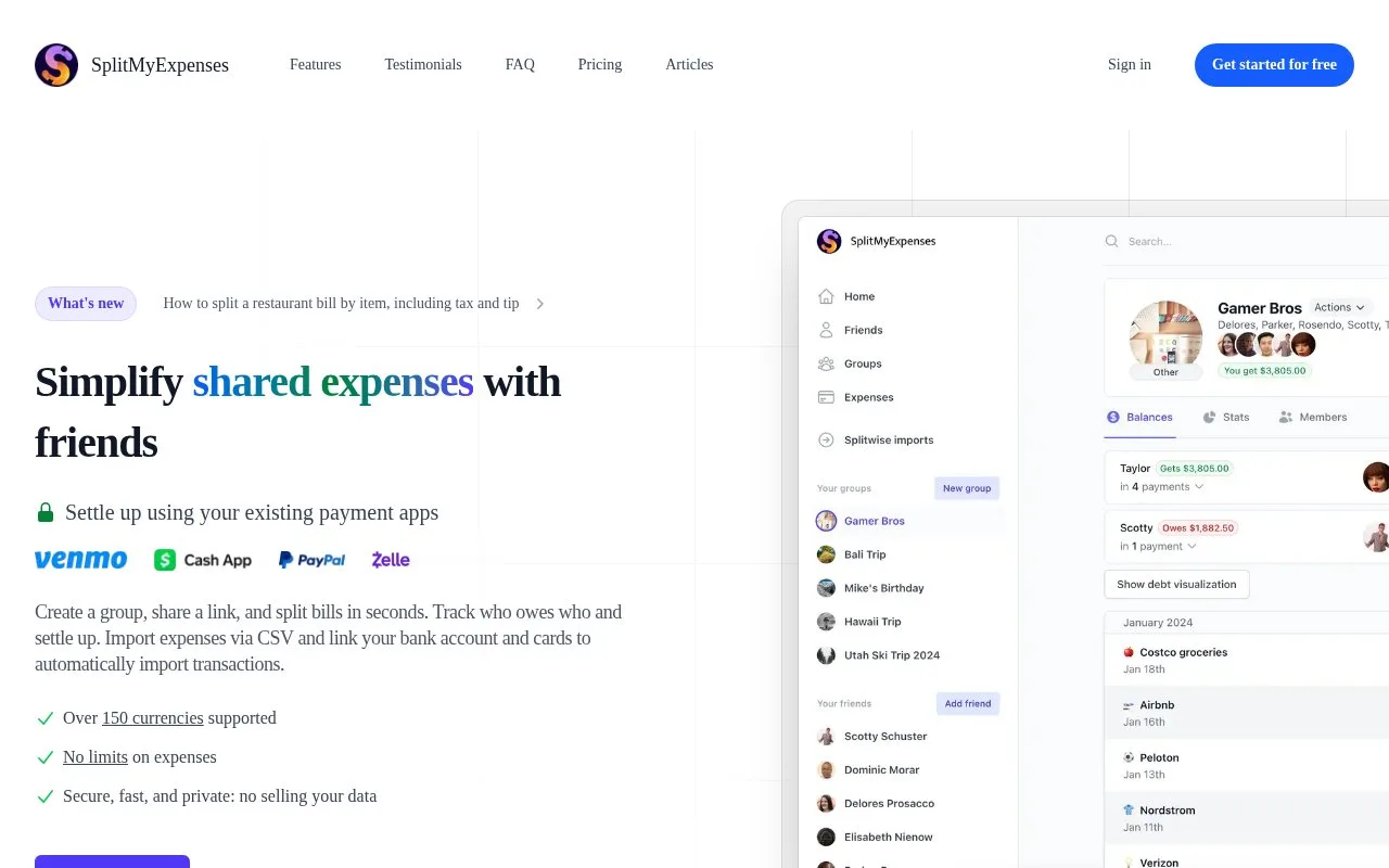 Screenshot of the SplitMyExpenses homepage