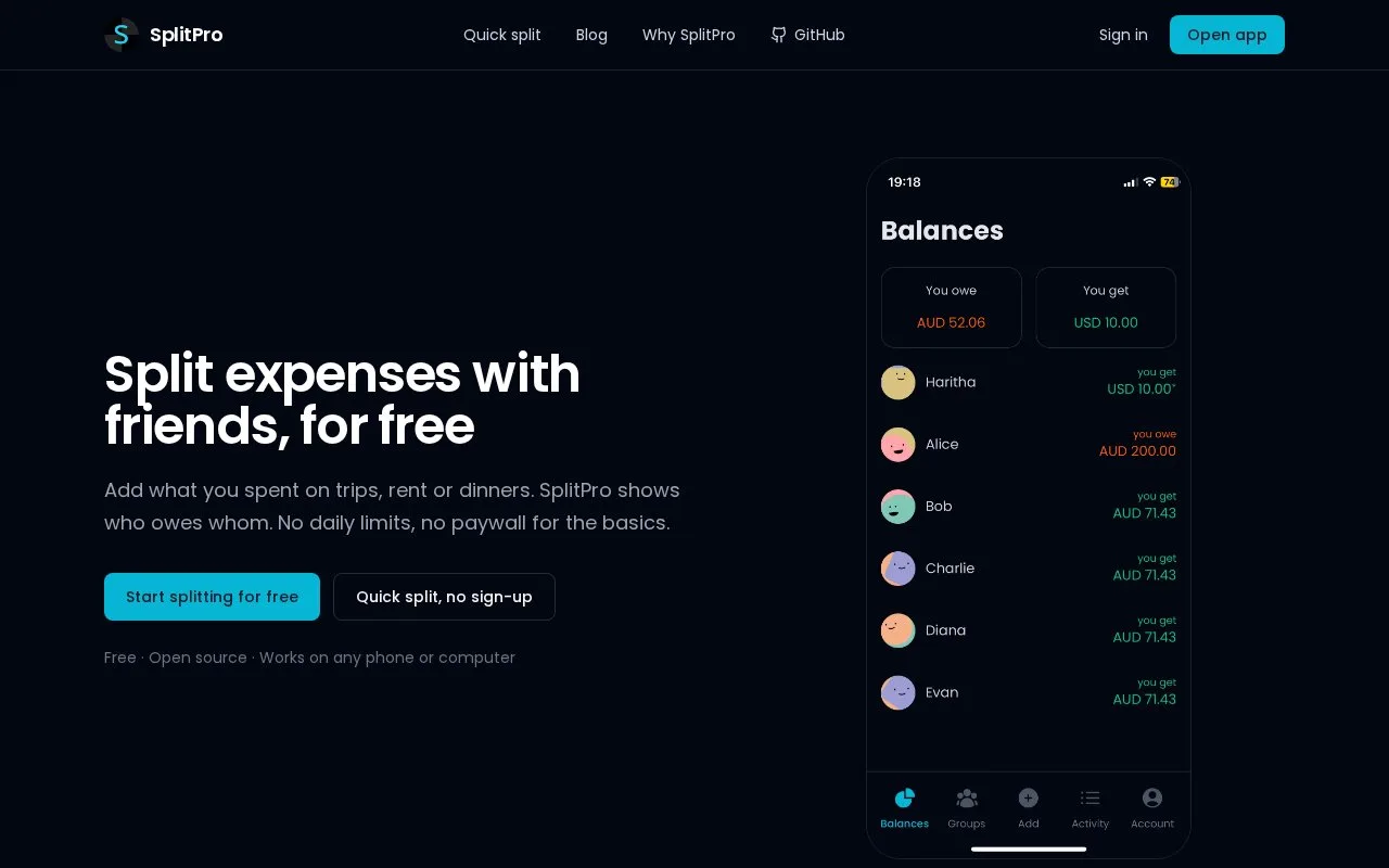 Screenshot of the SplitPro homepage