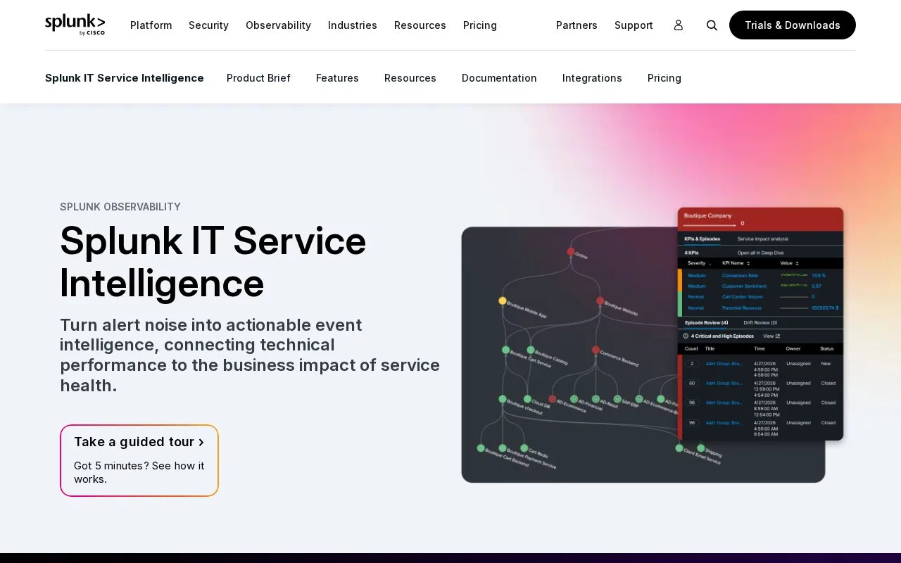 Screenshot of the Splunk IT Service Intelligence homepage