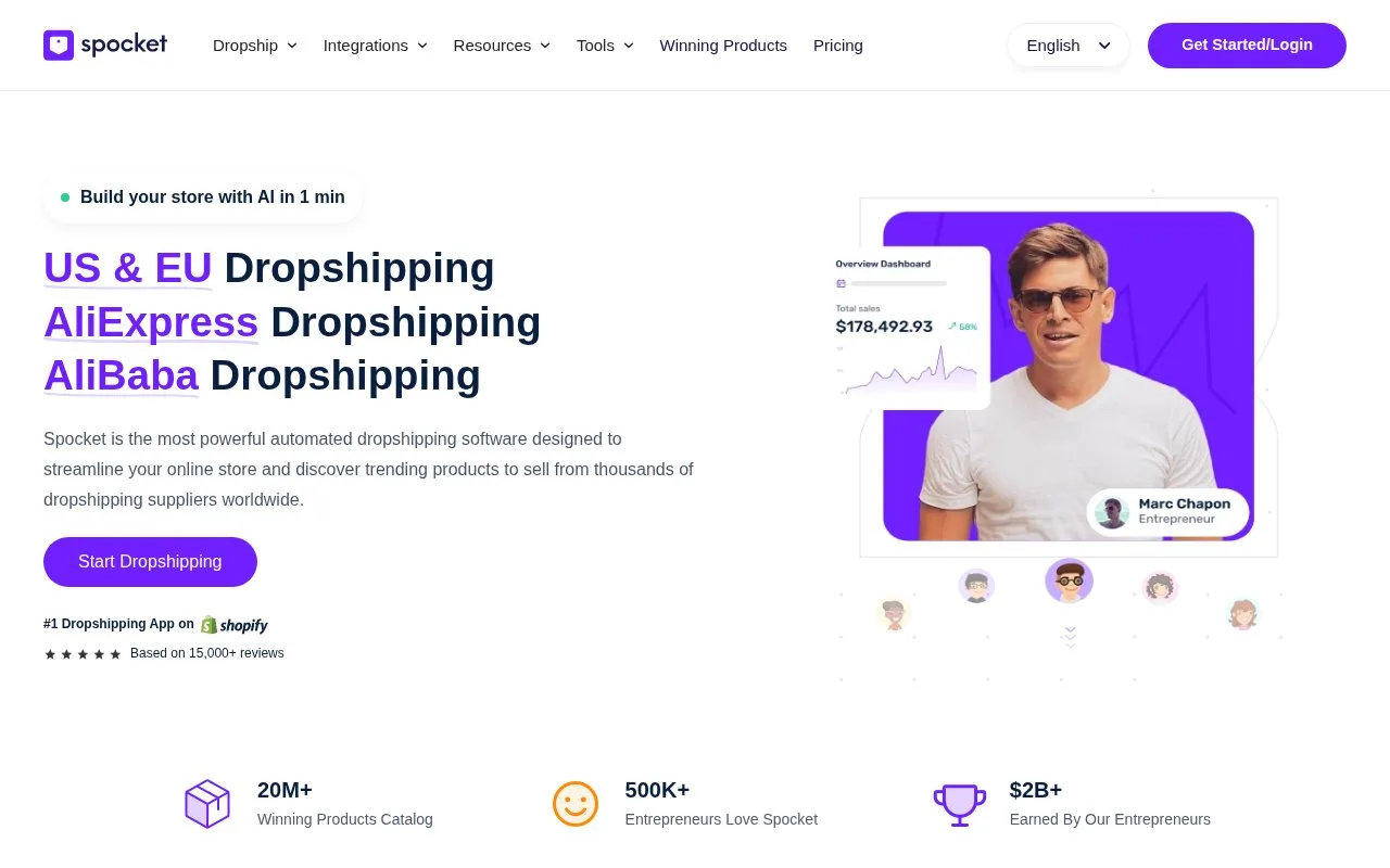 Screenshot of the Spocket homepage