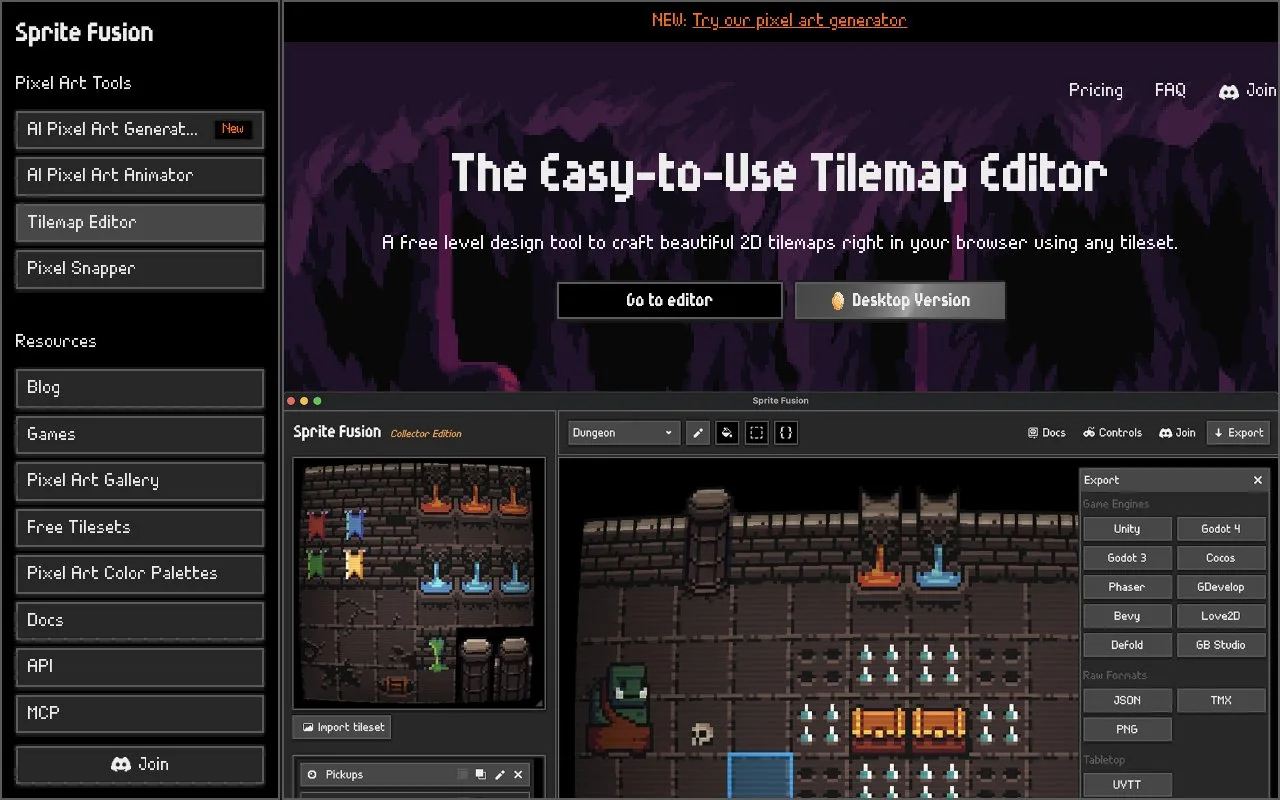 Screenshot of the Sprite Fusion homepage