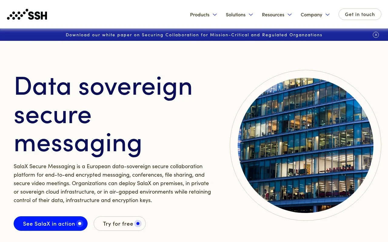 Screenshot of the SalaX Secure Messaging homepage