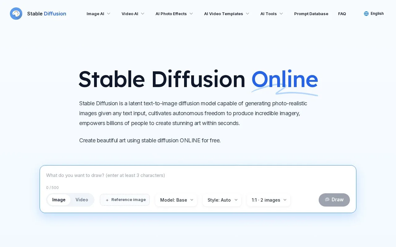 Screenshot of the Stable Diffusion Online homepage