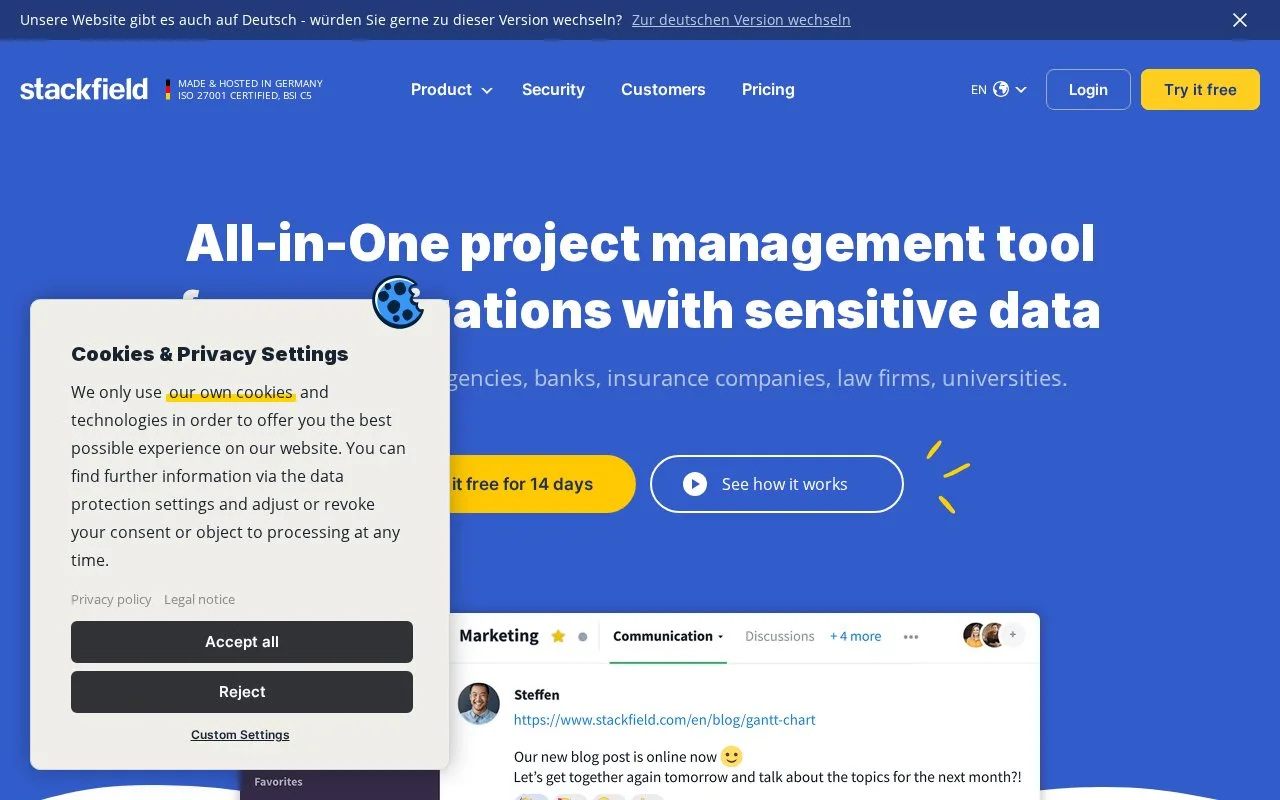 Screenshot of the Stackfield homepage