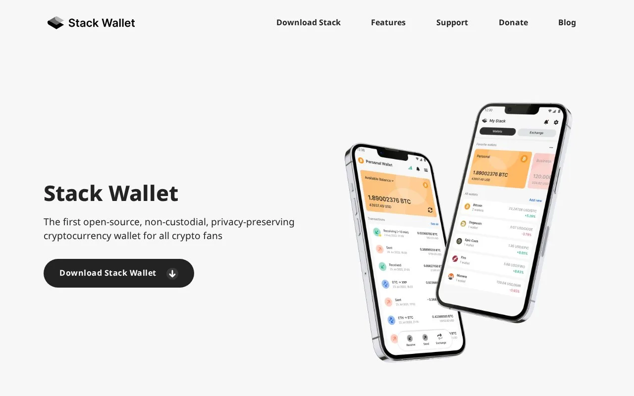 Screenshot of the Stack Wallet homepage