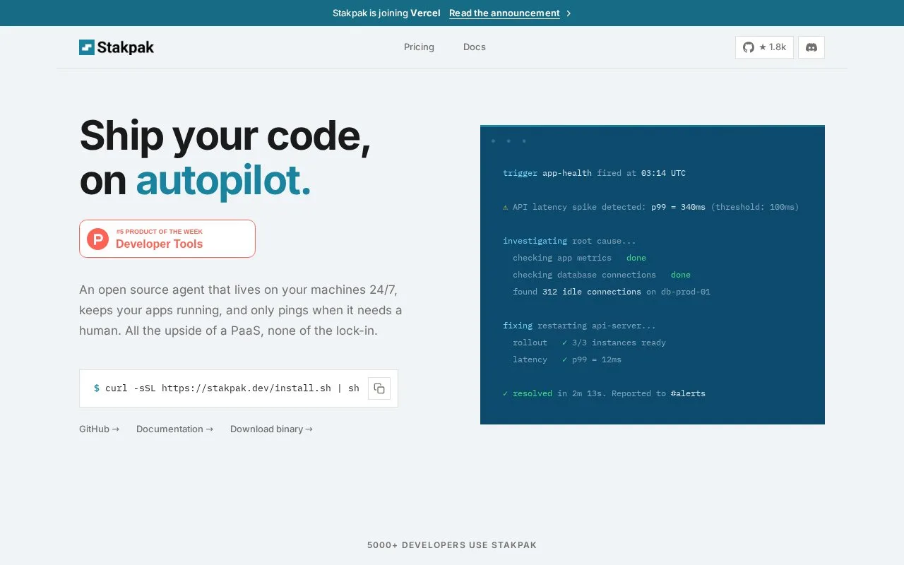 Screenshot of the Stakpak homepage