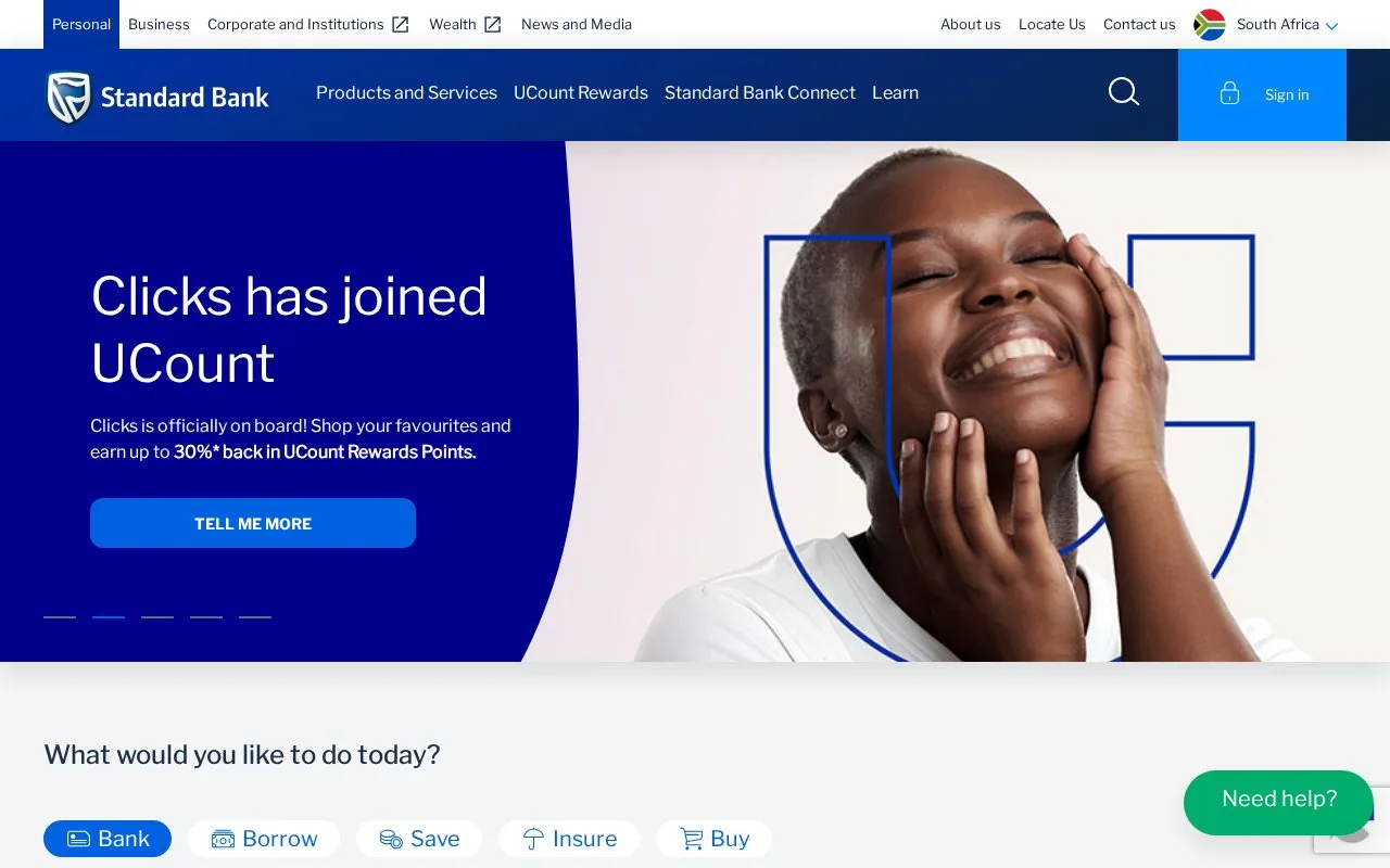 Screenshot of the Standard Bank homepage
