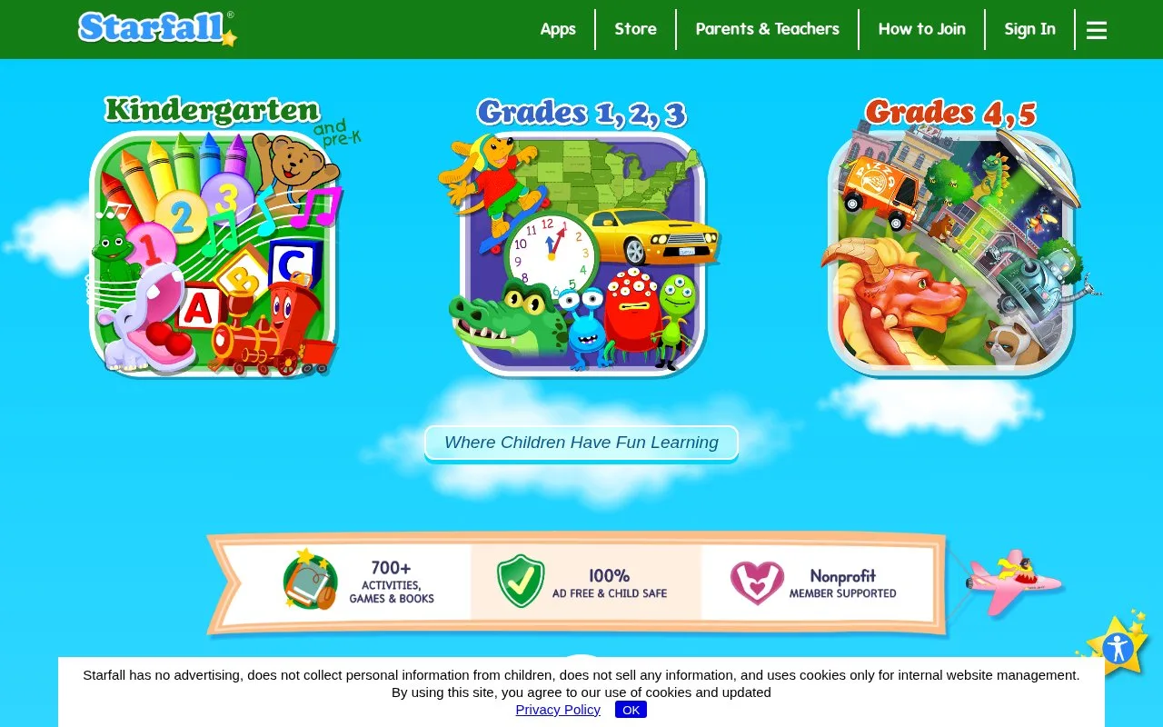 Screenshot of the Starfall homepage