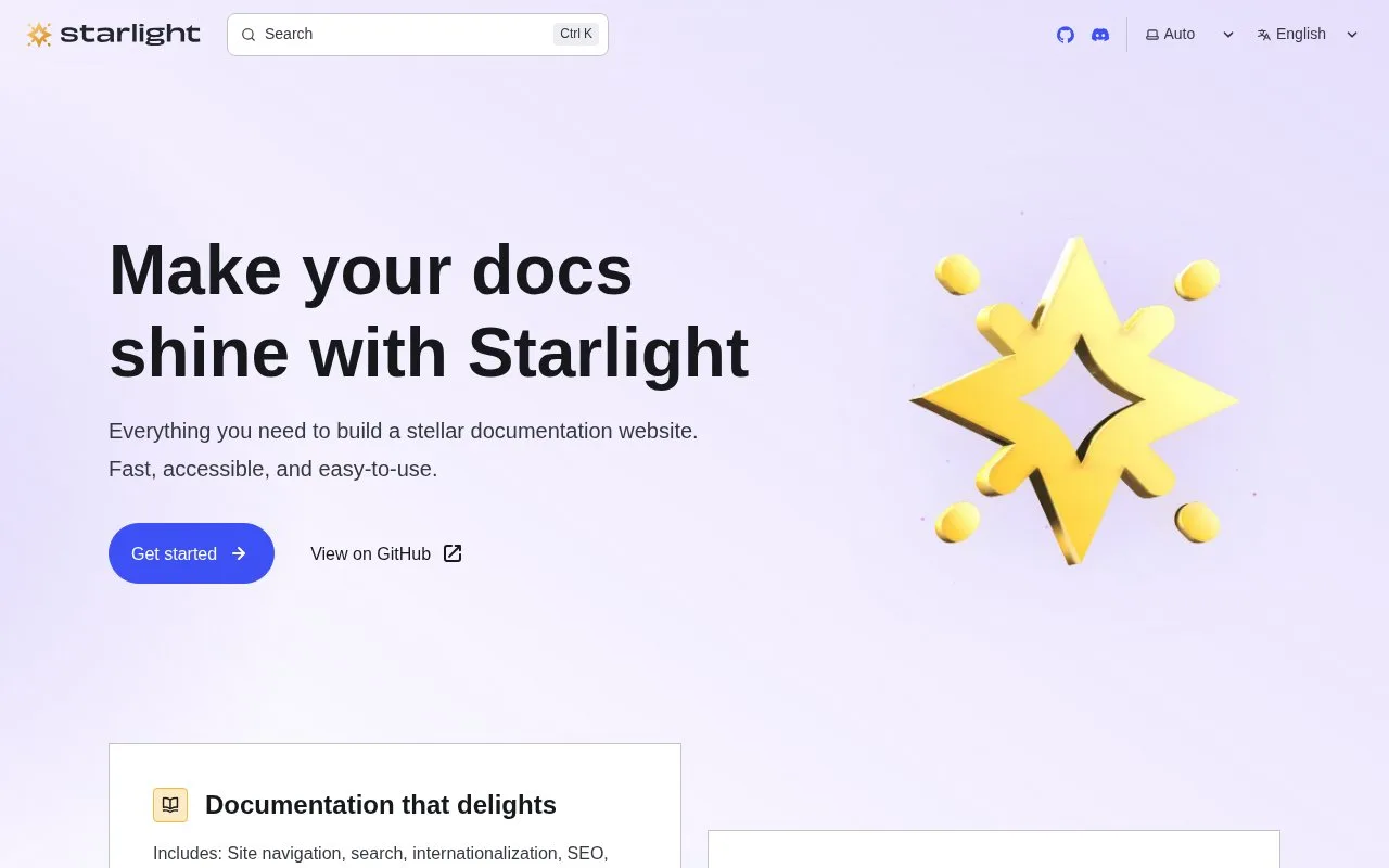 Screenshot of the Astro Starlight homepage