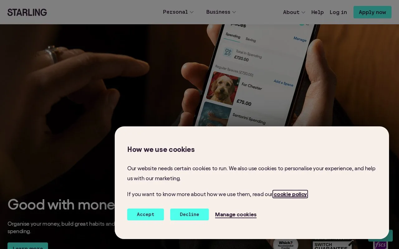Screenshot of the Starling Bank homepage