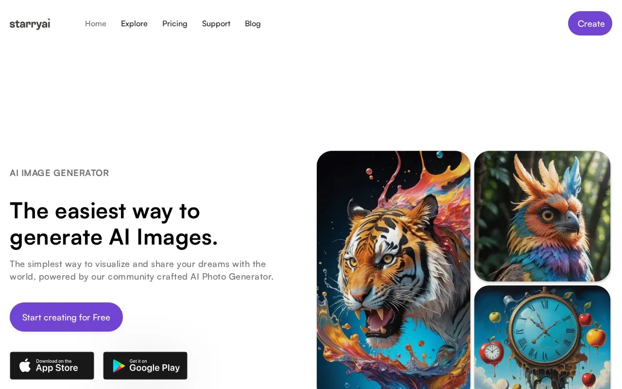 Screenshot of the starryai homepage