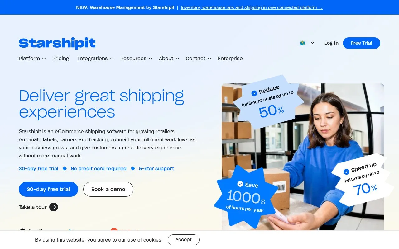 Screenshot of the Starshipit homepage