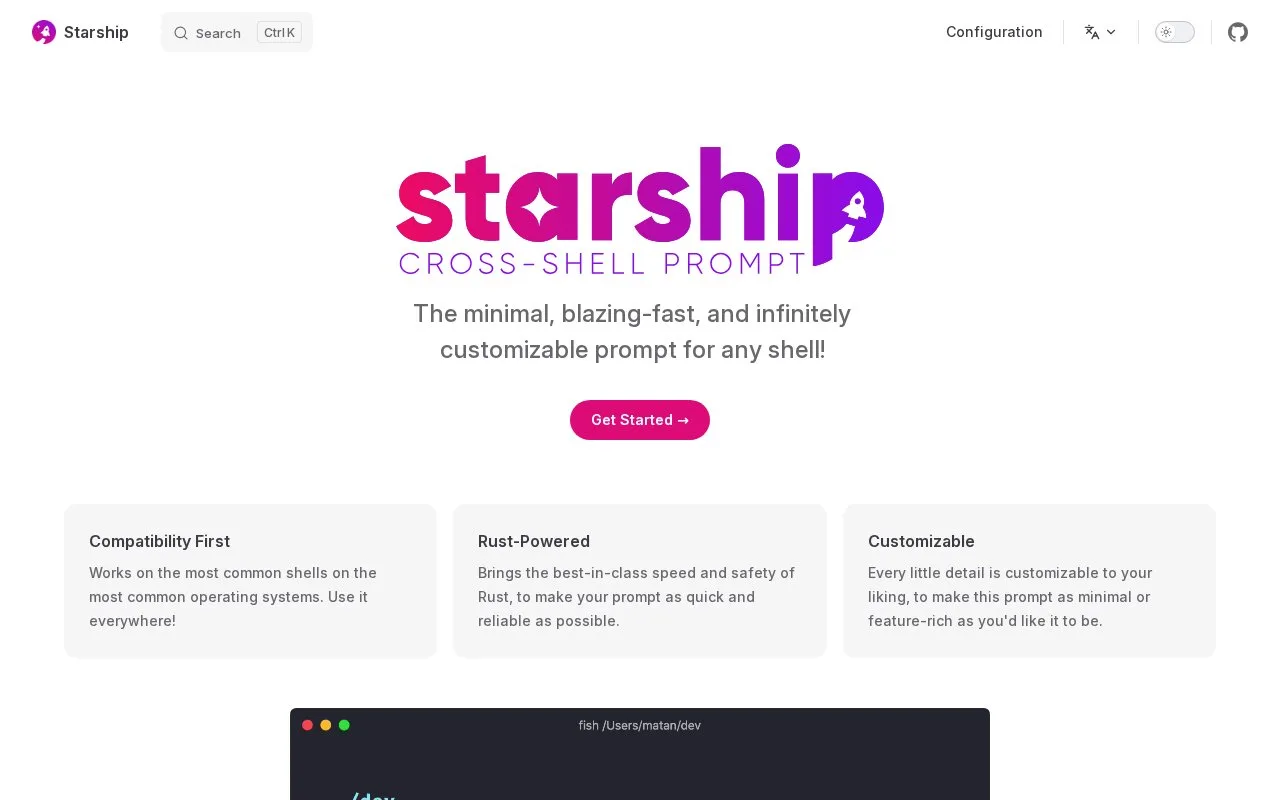 Screenshot of the Starship homepage