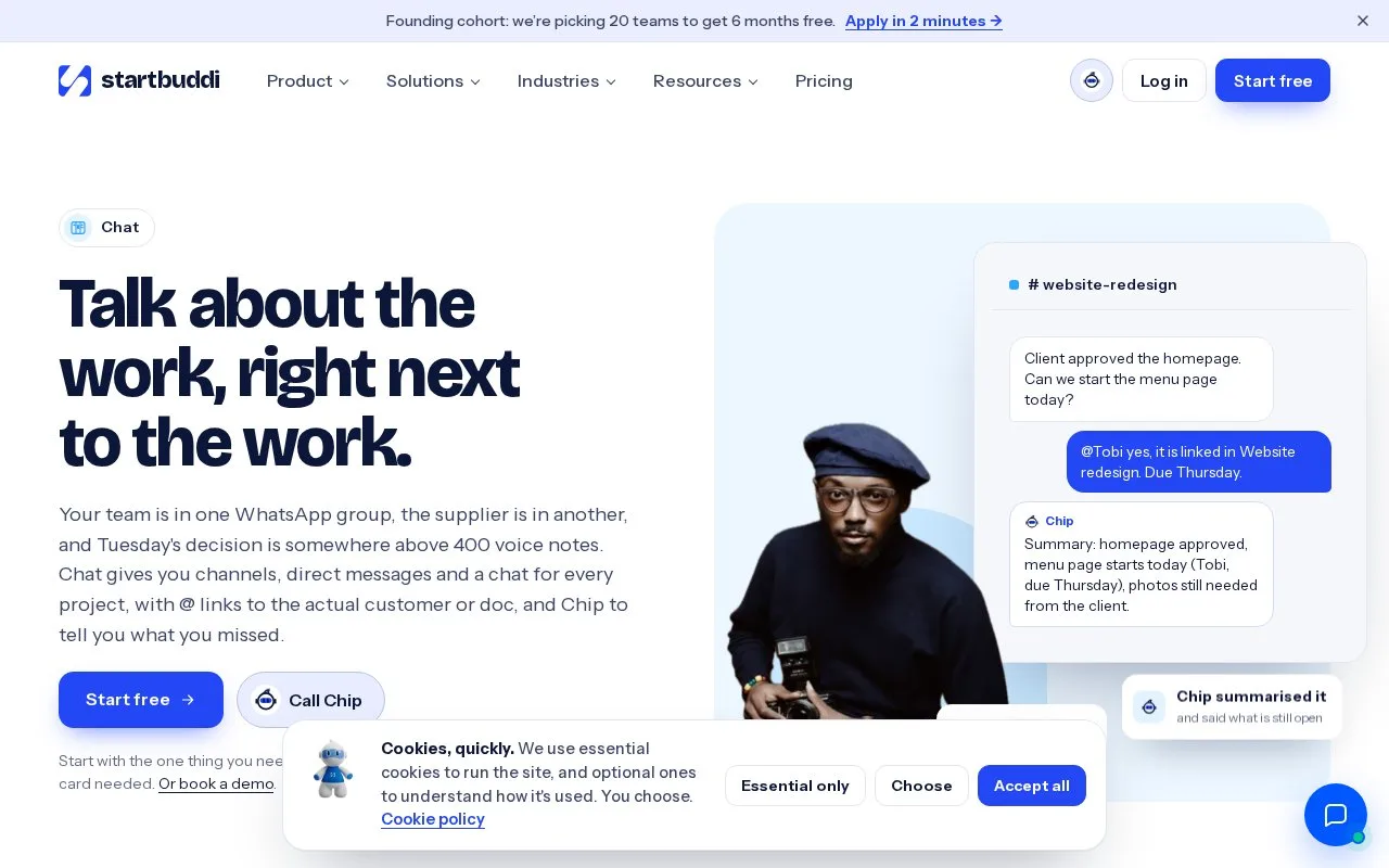 Screenshot of the startbuddi Chat homepage