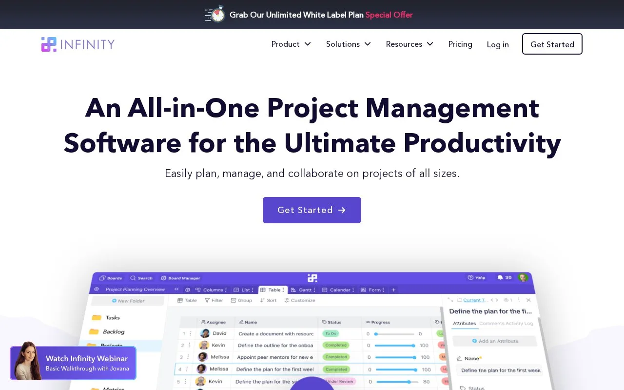 Screenshot of the Infinity homepage