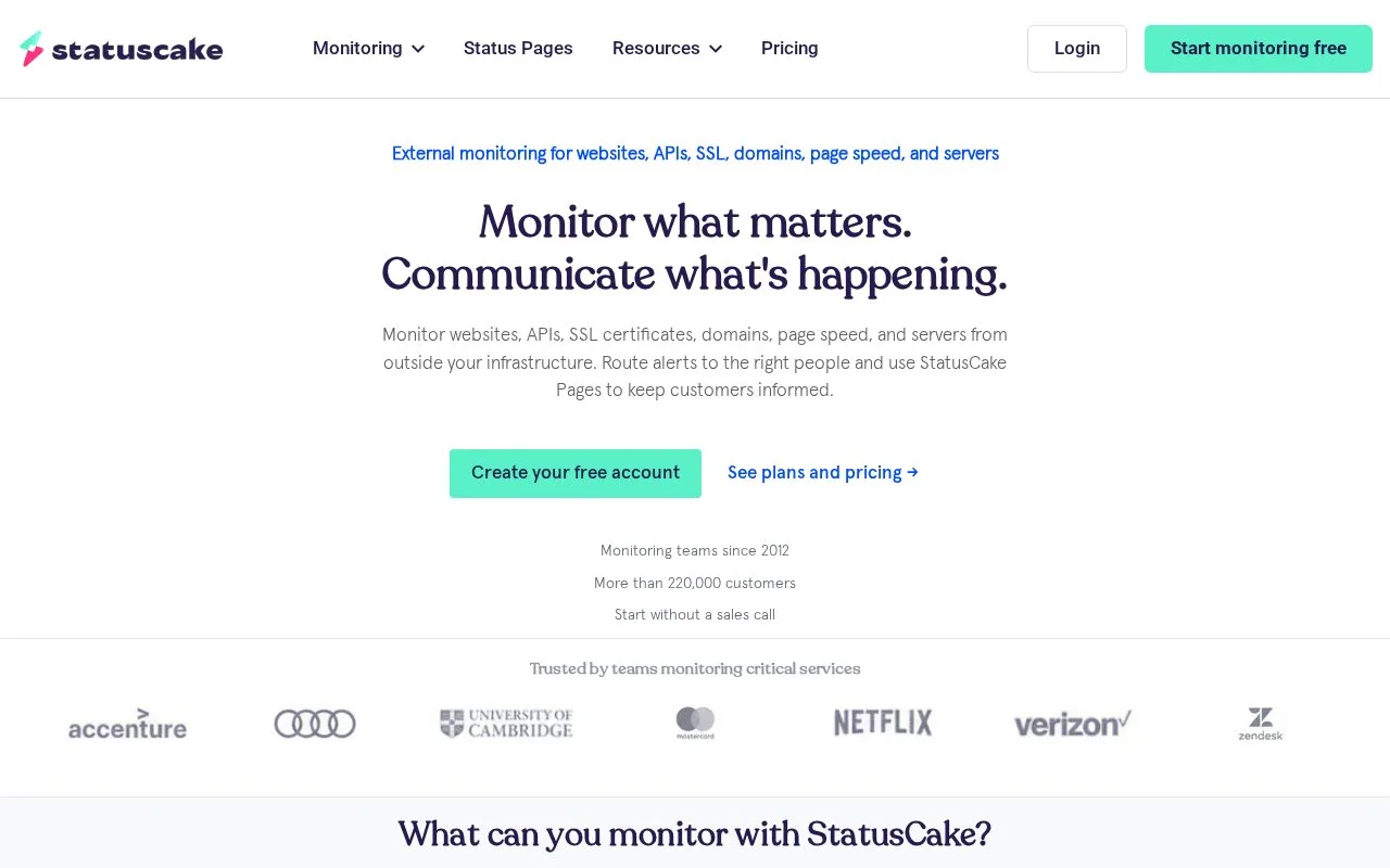 Screenshot of the StatusCake homepage