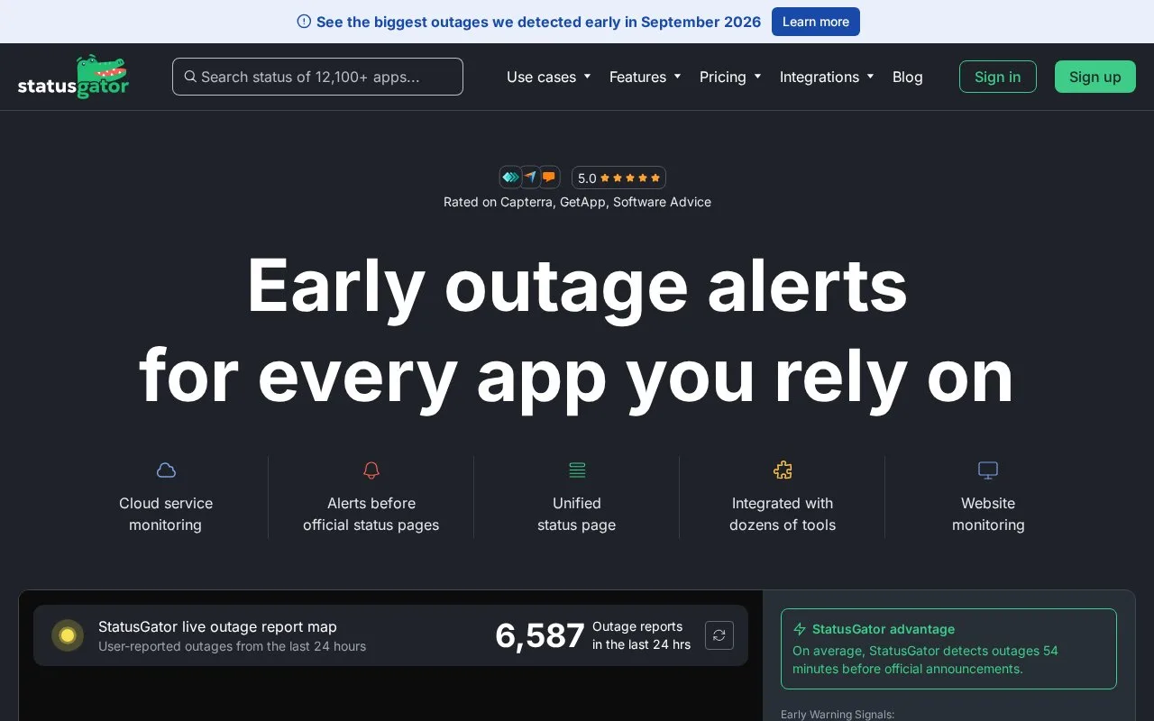 Screenshot of the StatusGator homepage
