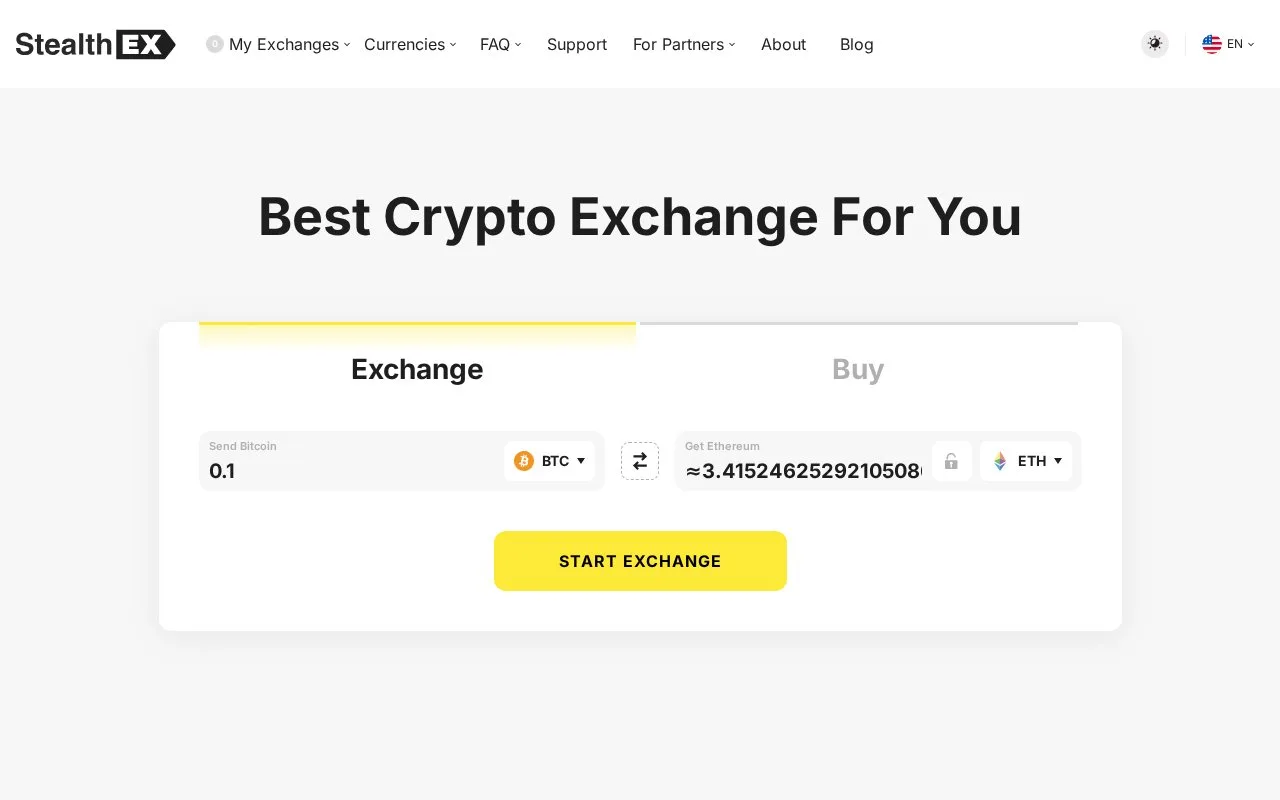 Screenshot of the StealthEX homepage