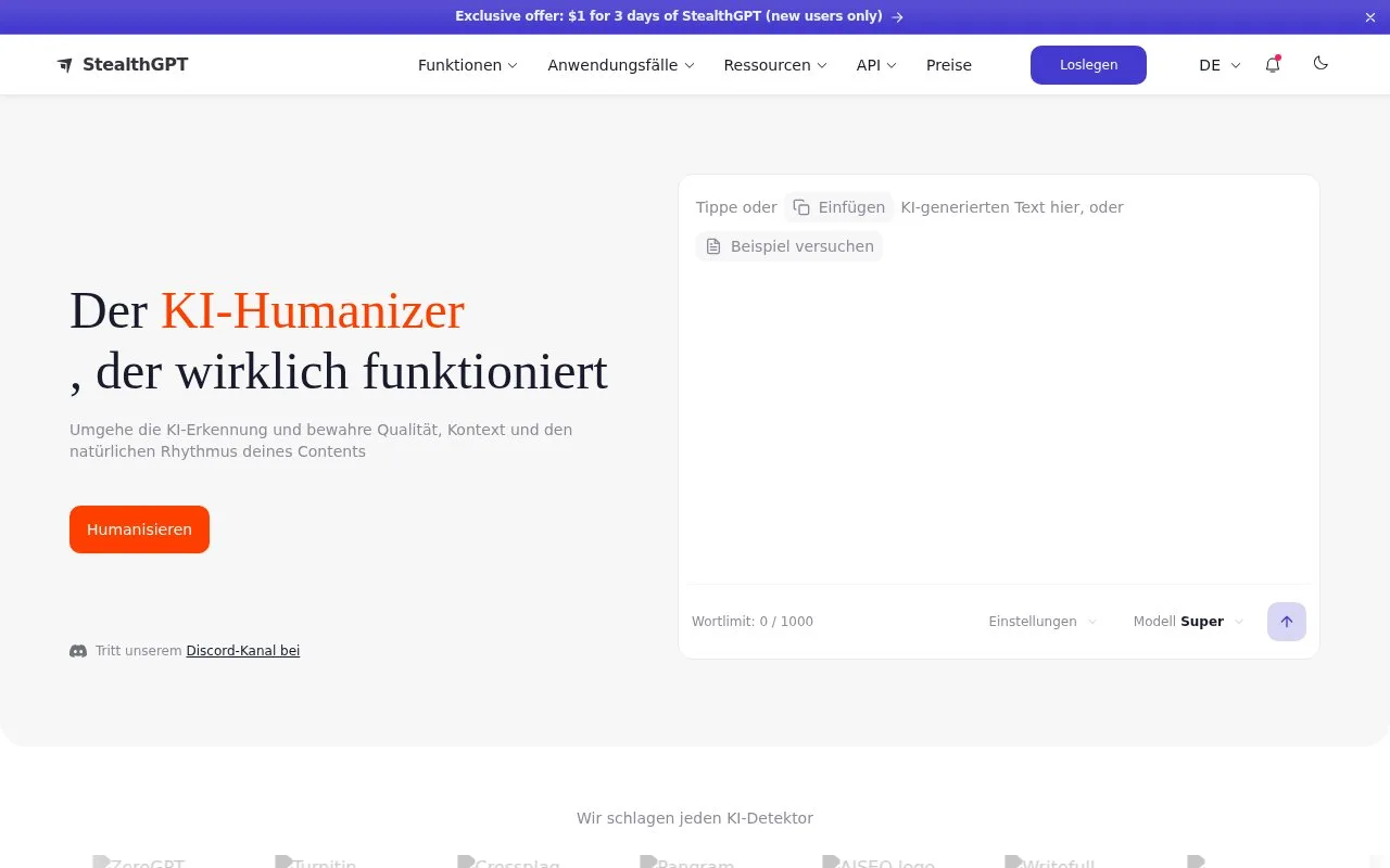 Screenshot of the StealthGPT homepage